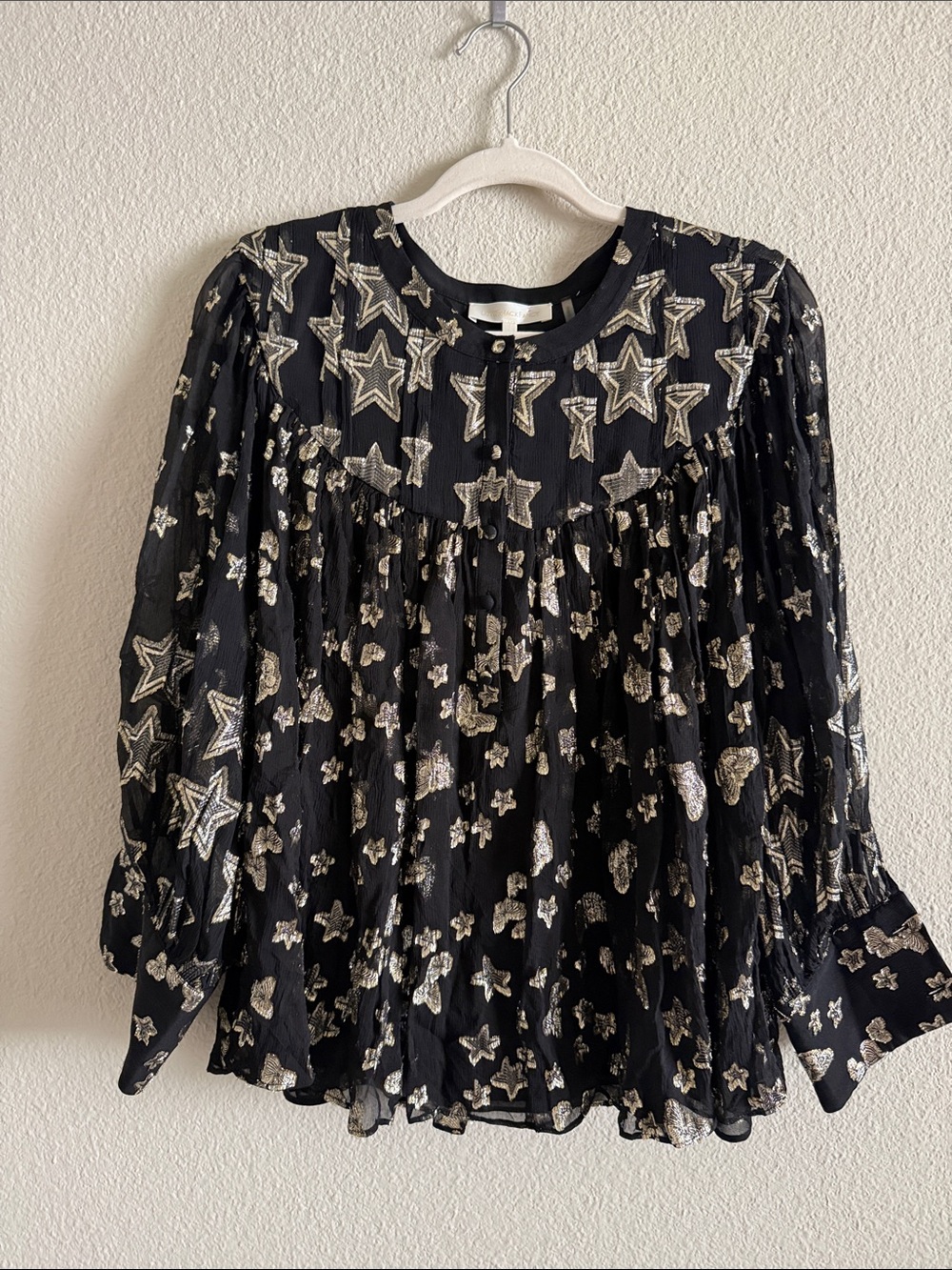LoveShackFancy Black Metallic Star Print Long-Sleeve Blouse